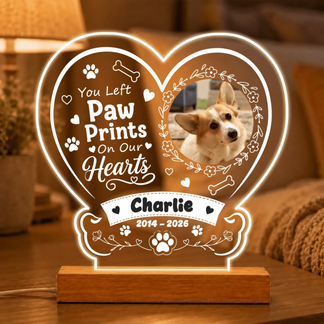 Custom LED heart night light featuring a pet dog photo memorial with the name Charlie and dates 2014 to 2026 for pet loss.