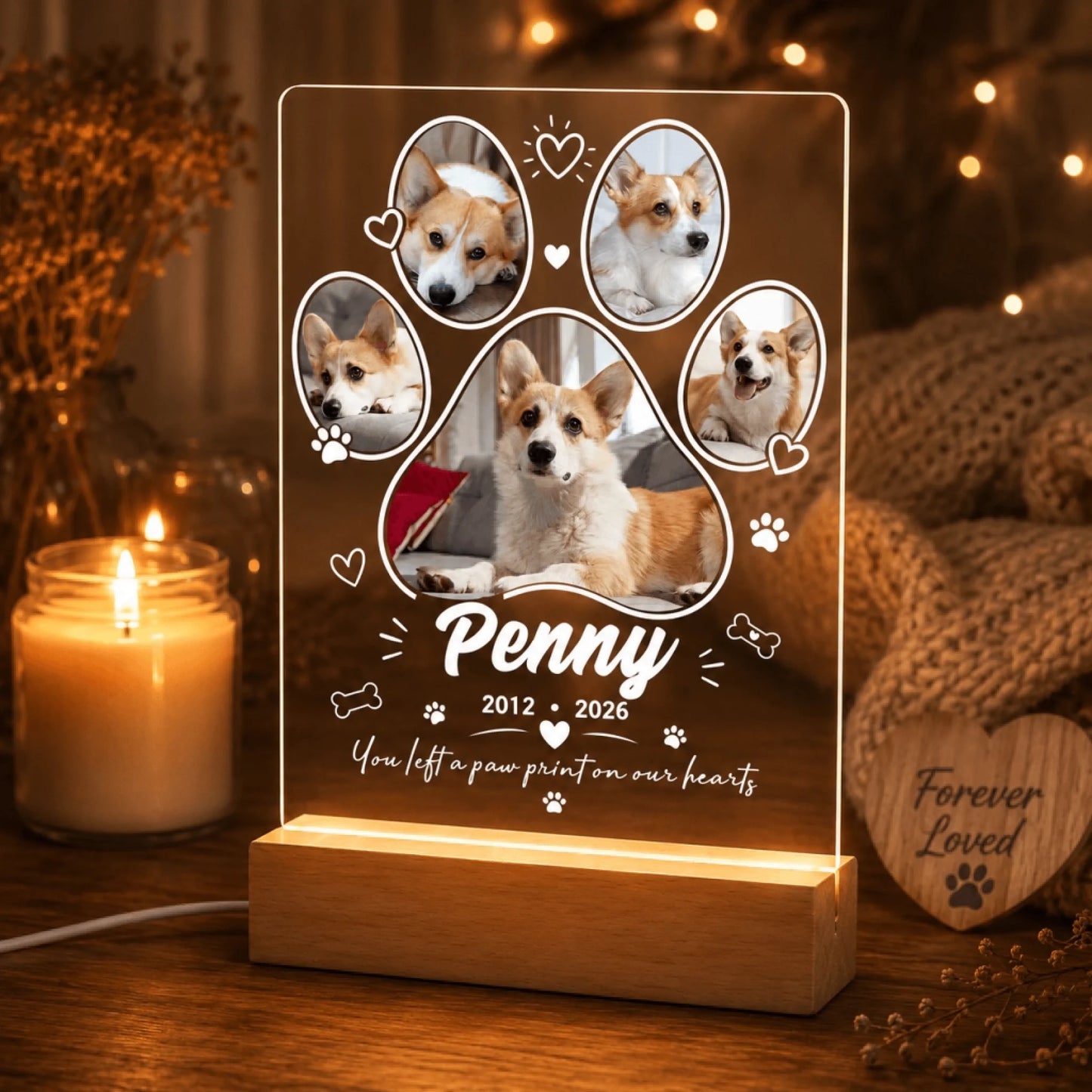 Personalized acrylic LED night light for dog memorial featuring 5 custom photos, pet name Penny, and dates.