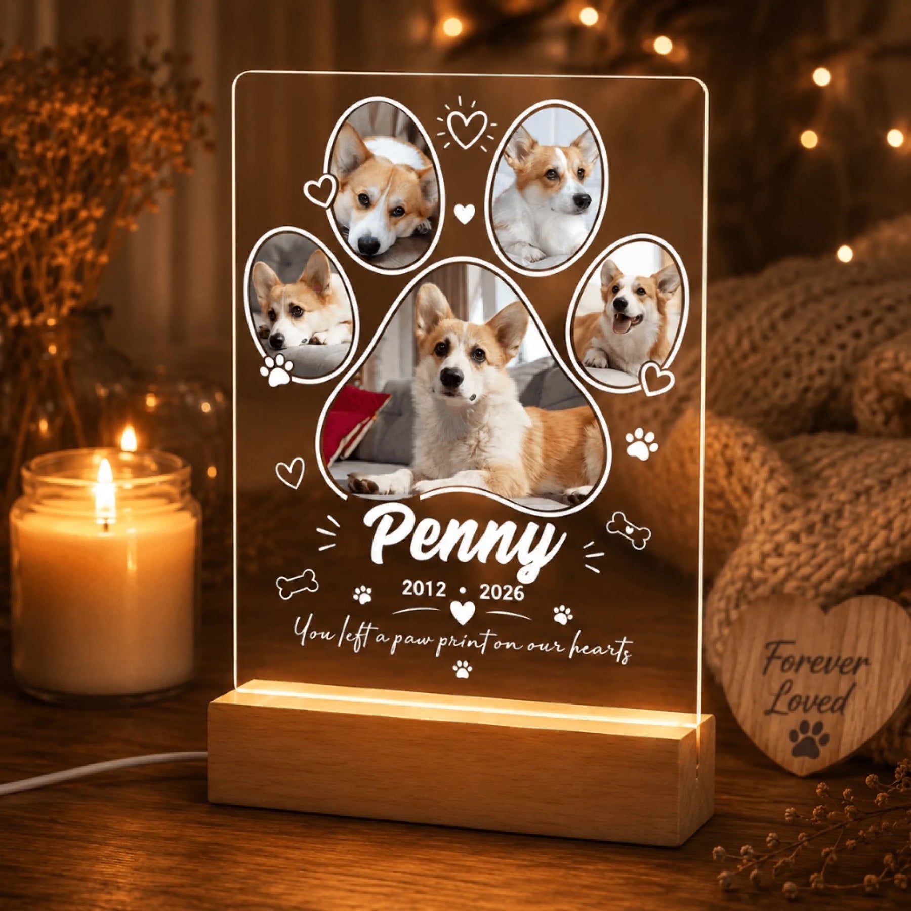 Personalized acrylic LED night light for dog memorial featuring 5 custom photos, pet name Penny, and dates.