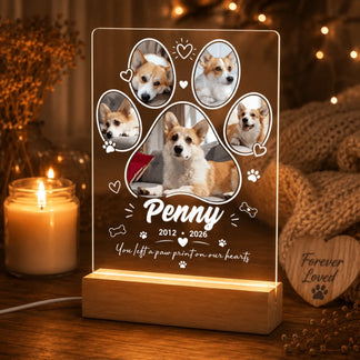Personalized acrylic LED night light for dog memorial featuring 5 custom photos, pet name Penny, and dates.