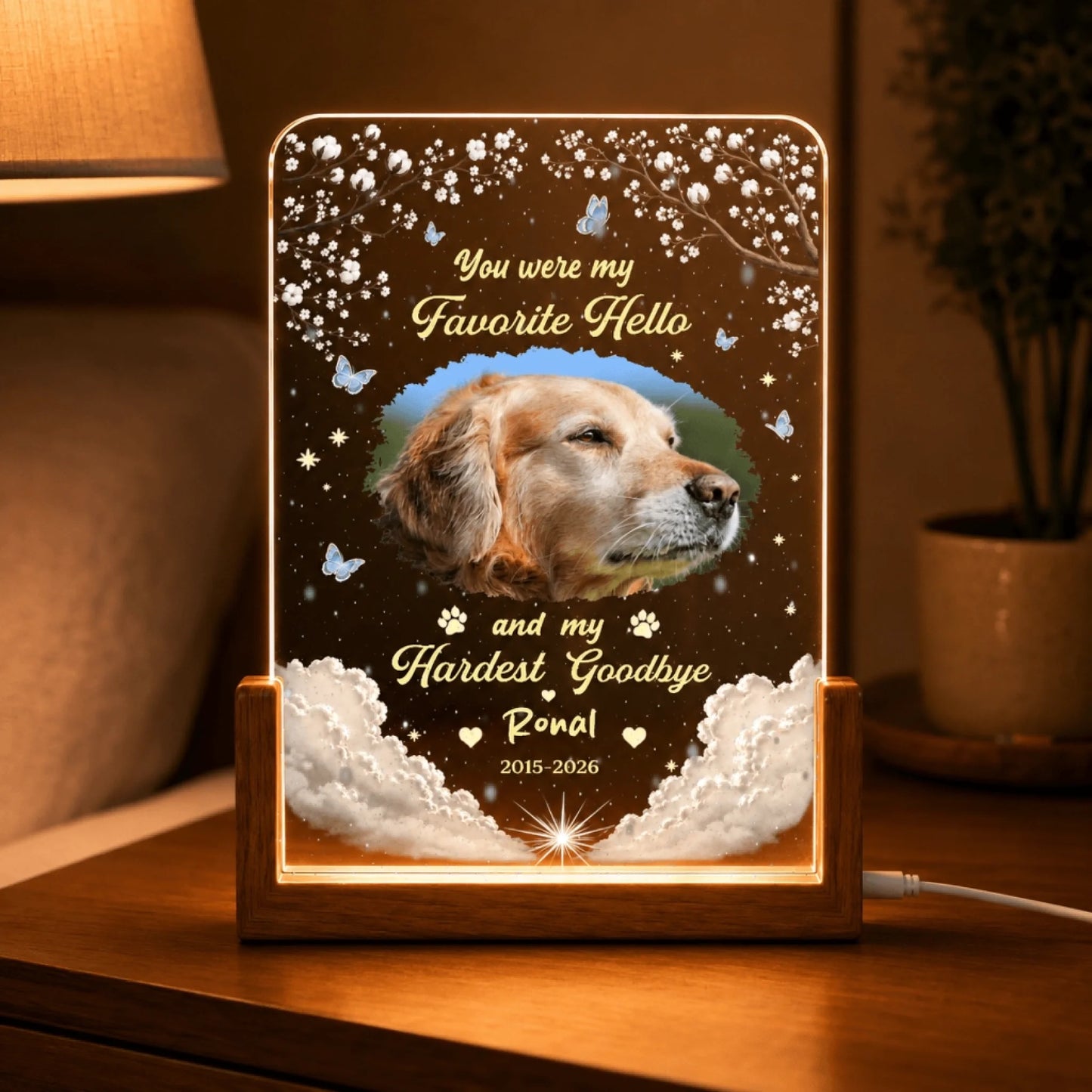 Personalized dog memorial light with custom name and date, featuring a sunset cloud design for pet remembrance gift.