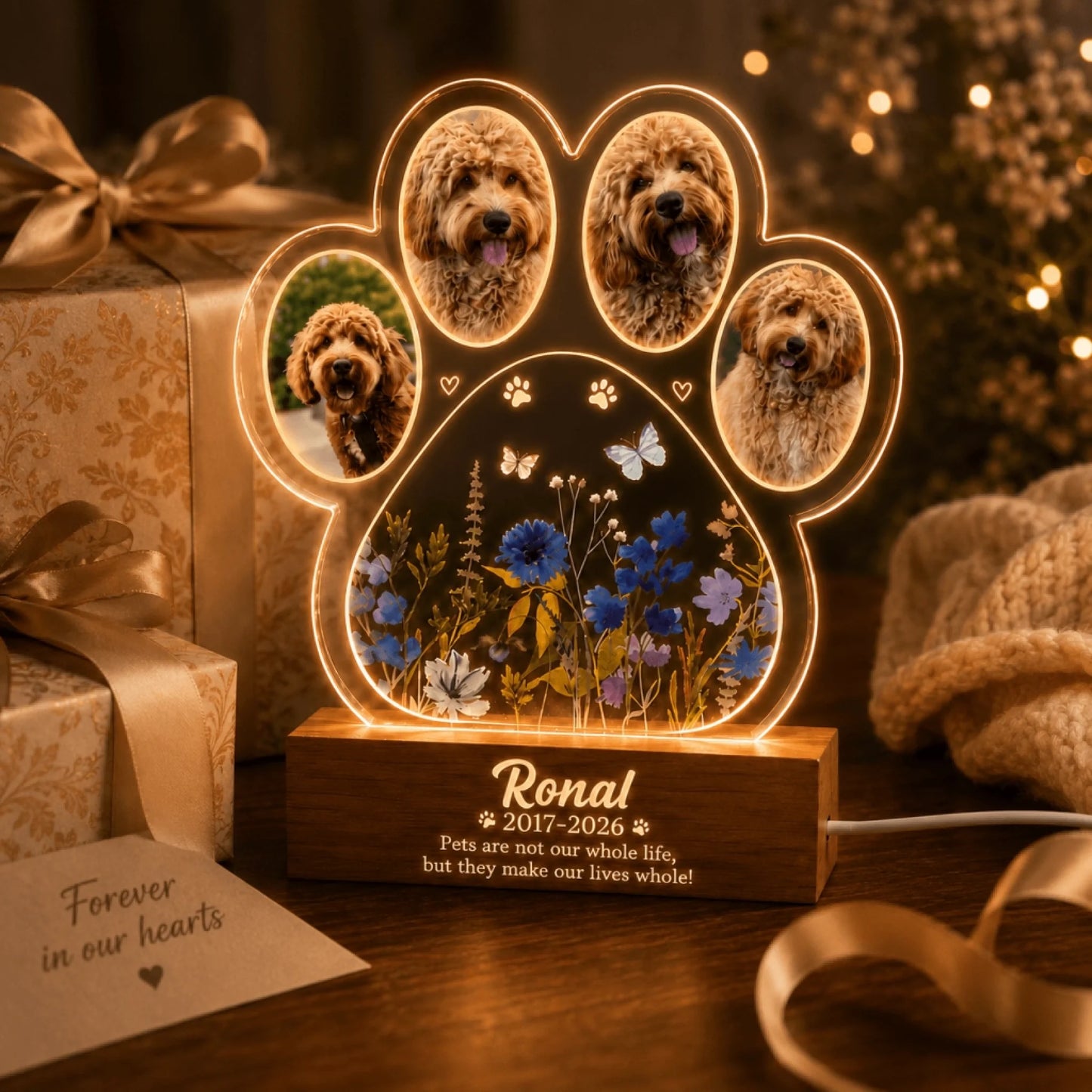 Personalized paw print acrylic LED night light memorial gift for pet loss with custom photos name and tribute quote.