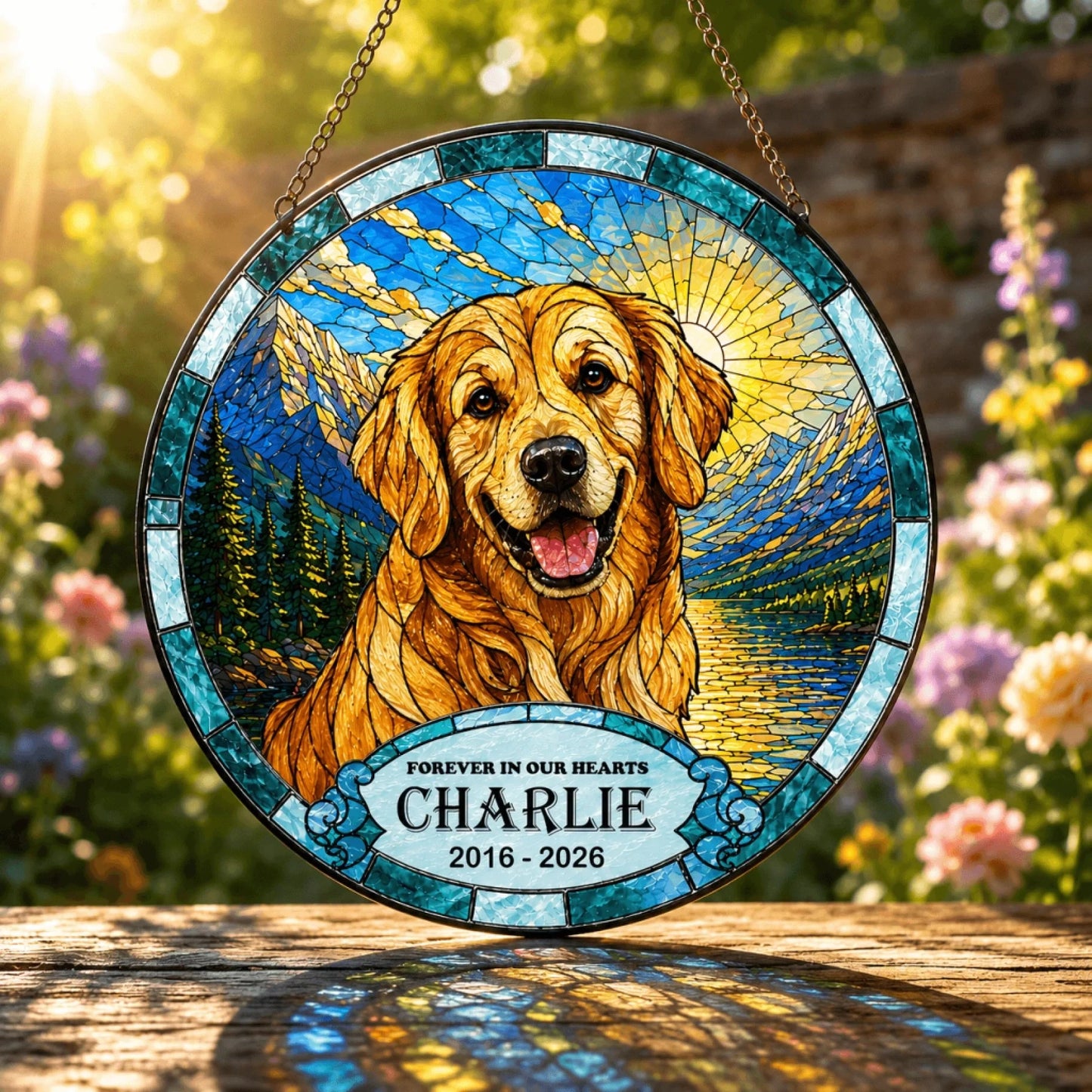 Custom dog memorial suncatcher featuring a golden retriever portrait and personalized text hanging in a sunny garden.