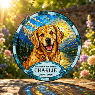 Custom dog memorial suncatcher featuring a golden retriever portrait and personalized text hanging in a sunny garden.