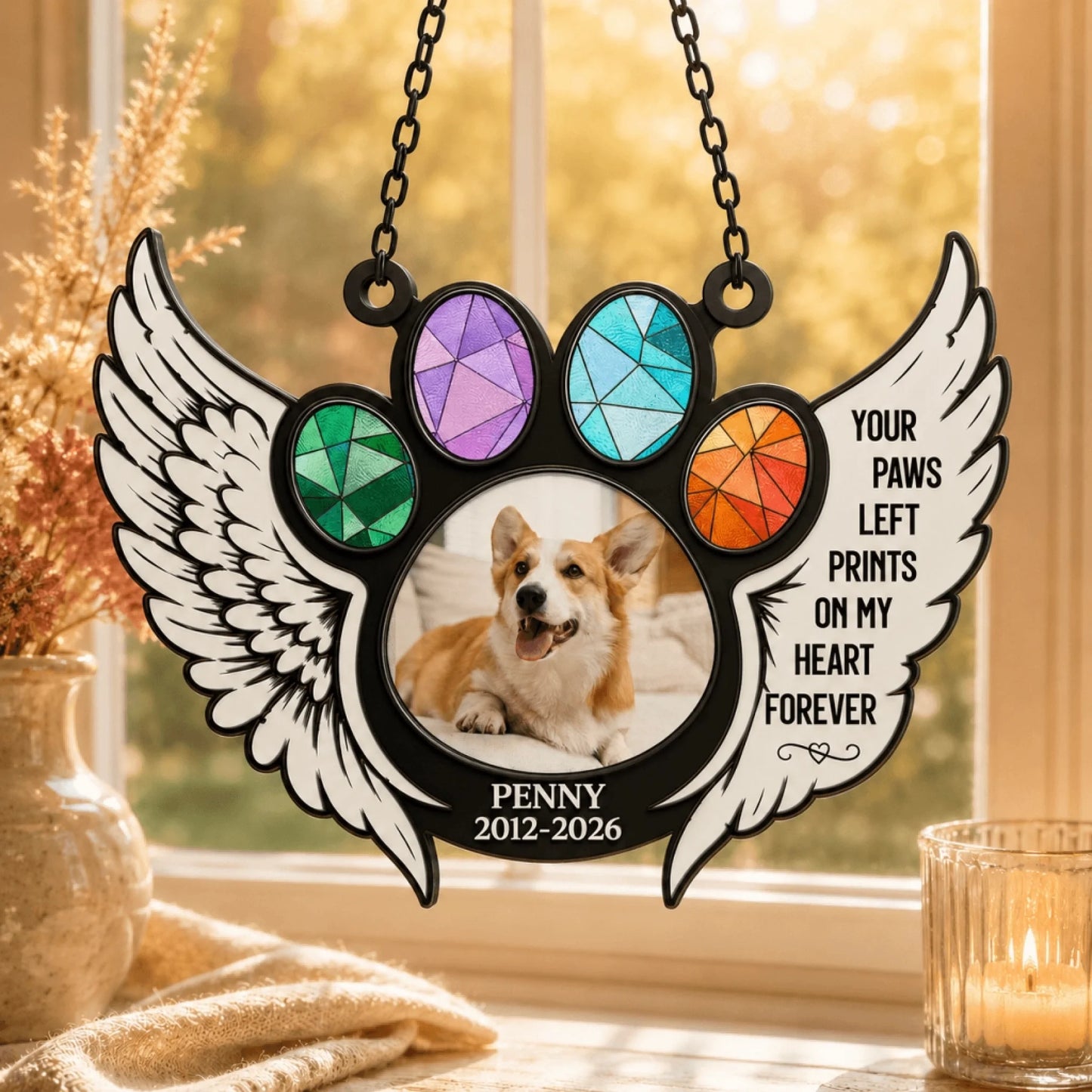 Beautiful personalized dog keepsake with a photo and the quote Your Paws Left Prints On My Heart Forever in a stained glass frame.