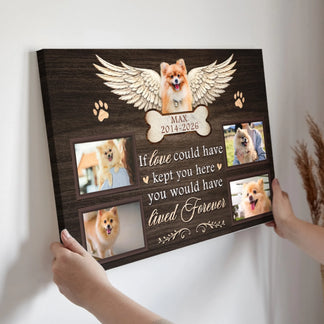 Hands holding a custom pet memorial canvas with dog photos, angel wings, and a sentimental quote for pet loss.