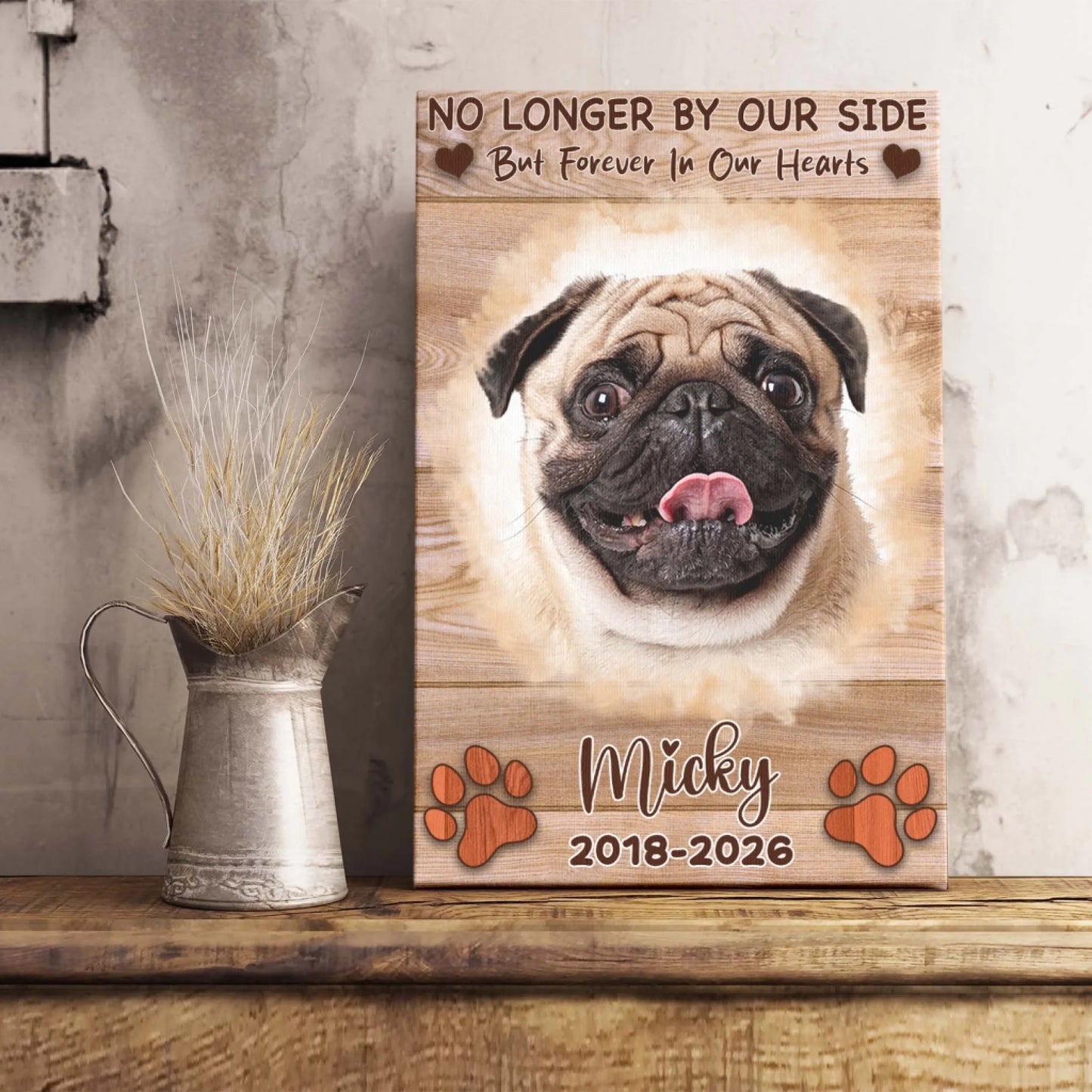 Wooden memorial plaque with personalized pug photo custom name Micky and dates 2018 2026 for pet remembrance