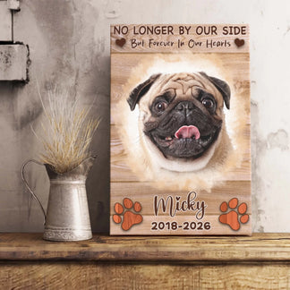 Wooden memorial plaque with personalized pug photo custom name Micky and dates 2018 2026 for pet remembrance