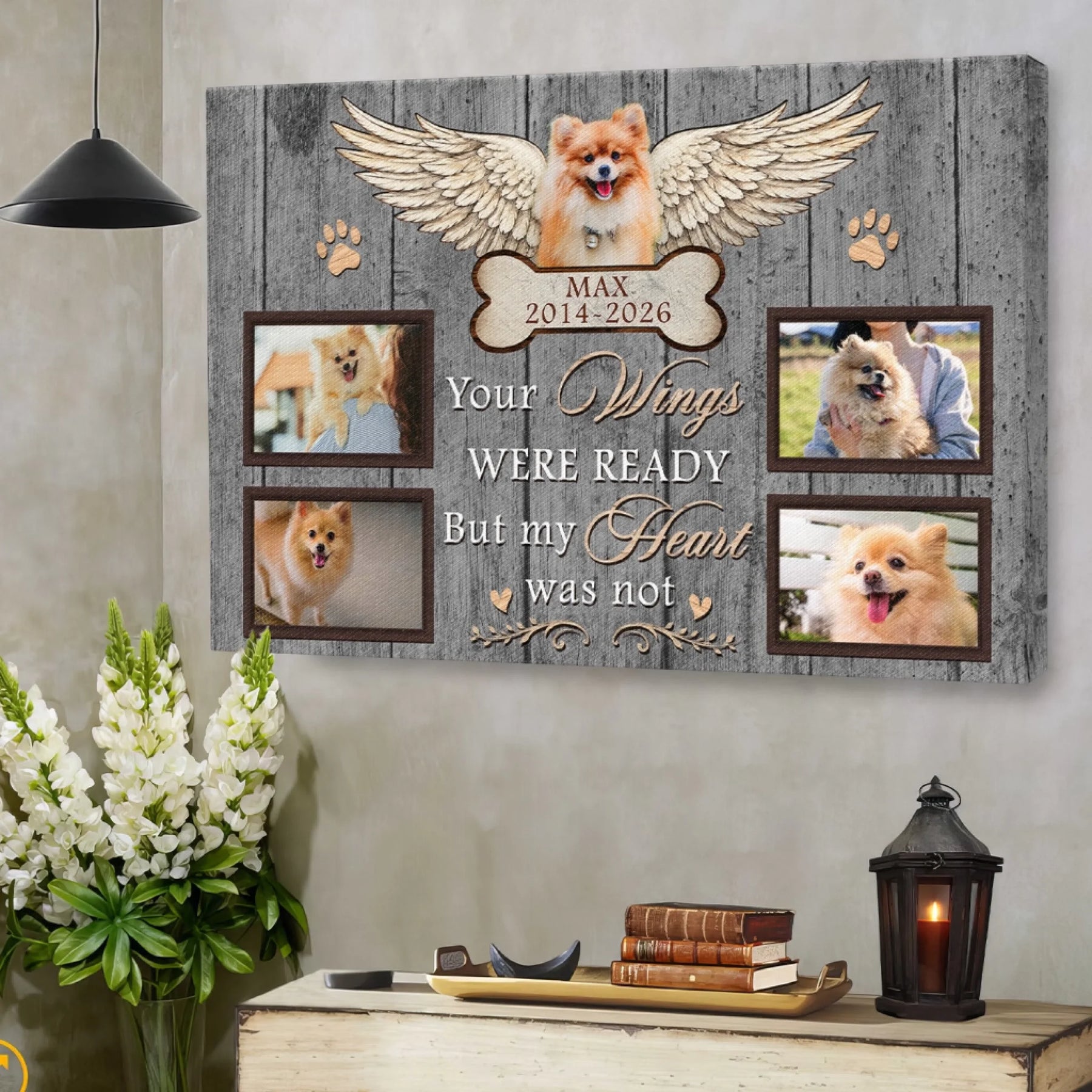 Personalized dog sympathy canvas wall art displaying photos, a bone nameplate, and a touching quote for pet owners.