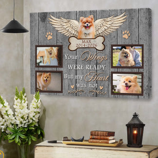 Personalized dog sympathy canvas wall art displaying photos, a bone nameplate, and a touching quote for pet owners.