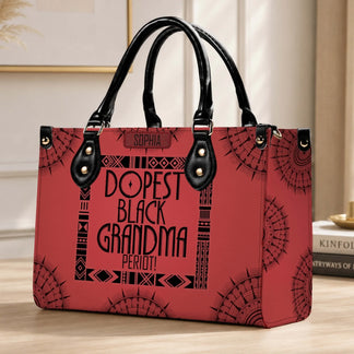 Customized red handbag with black geometric accents and the quote Dopest Black Grandma Periot as a birthday gift.