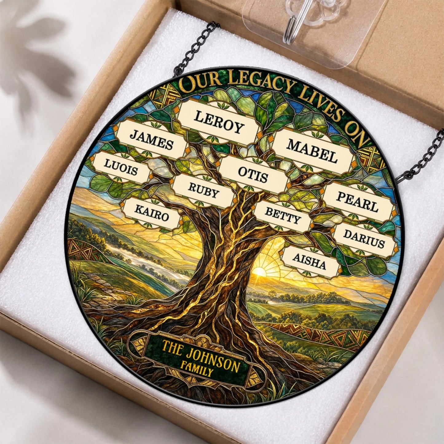 Personalized tree of life stained glass suncatcher for family members, presented in a gift box for any special occasion.