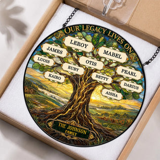 Personalized tree of life stained glass suncatcher for family members, presented in a gift box for any special occasion.