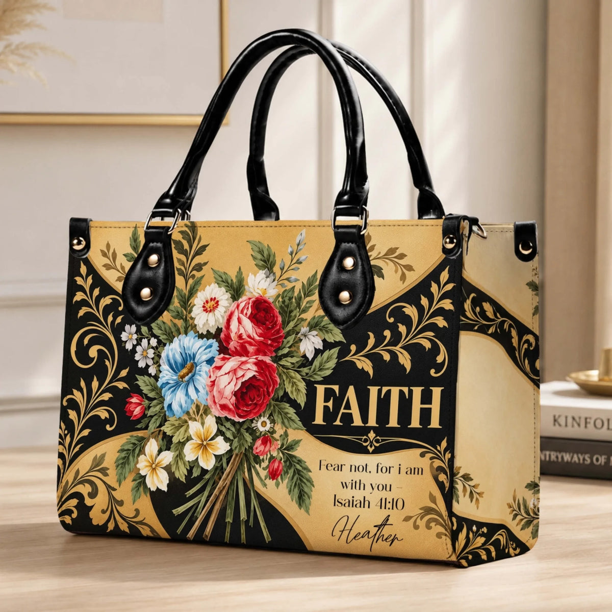Elegant custom floral tote bag with Faith and Isaiah 41 10 quote, personalized gift for women, perfect for church.