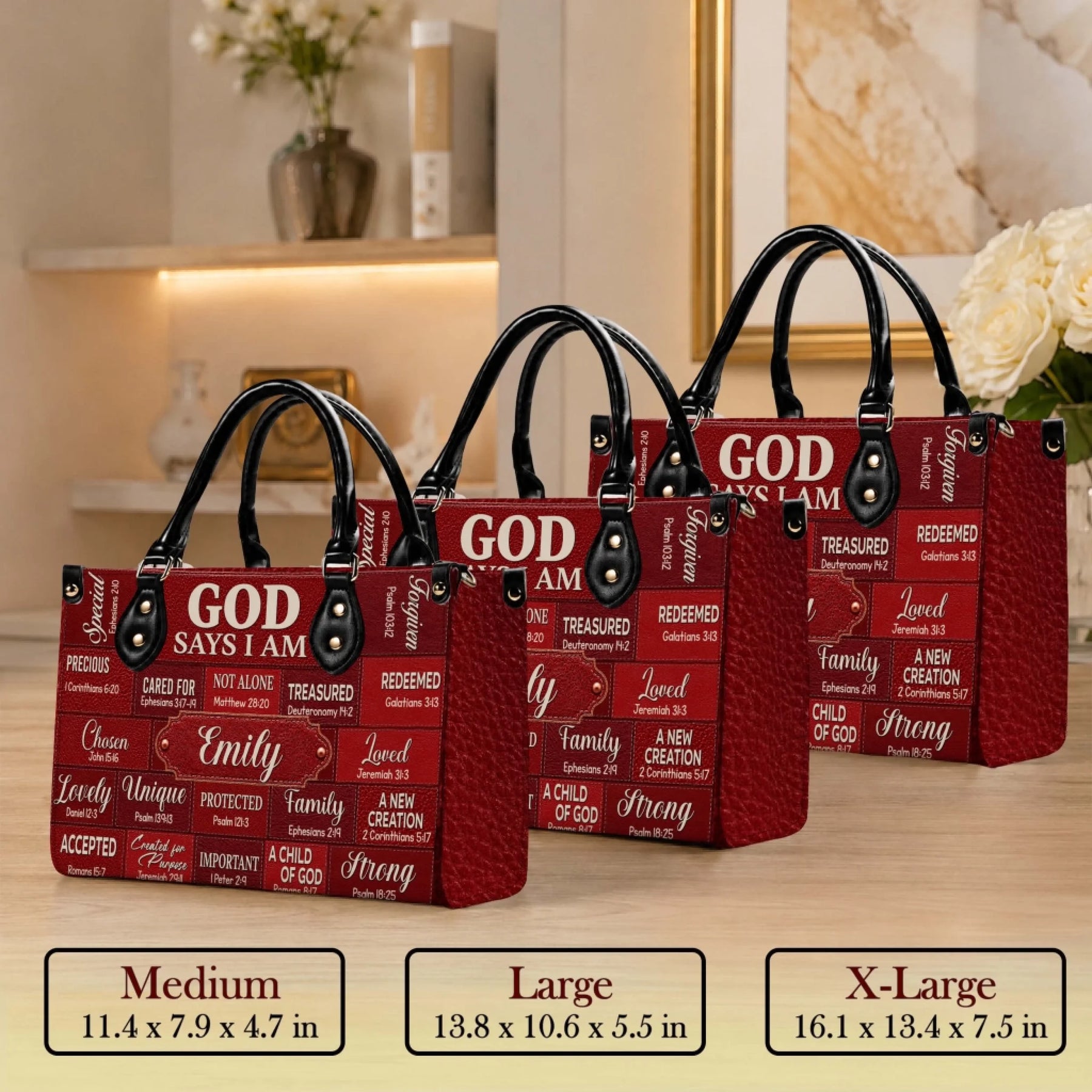 Set of personalized faith inspired handbags available in medium large and extra large sizes with scripture designs.