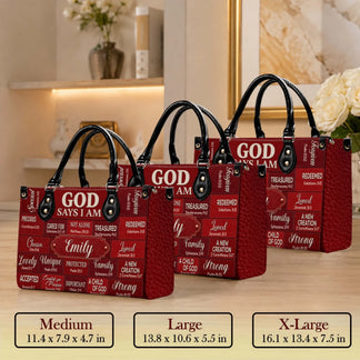 Set of personalized faith inspired handbags available in medium large and extra large sizes with scripture designs.
