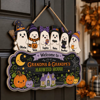 Decorative Halloween door sign featuring personalized ghost illustrations and the text Grandma and Grandpa's Haunted House.