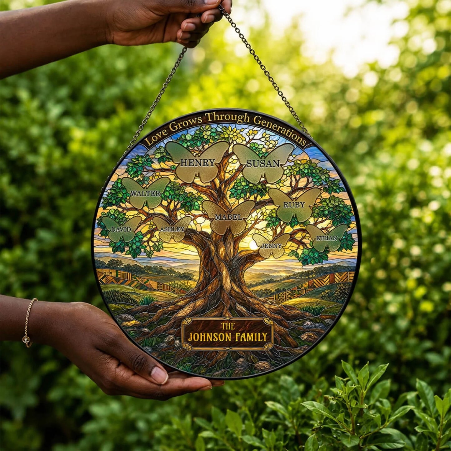 Customized family tree suncatcher featuring butterfly engravings for every family member, ideal for home wall decor.