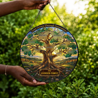 Customized family tree suncatcher featuring butterfly engravings for every family member, ideal for home wall decor.