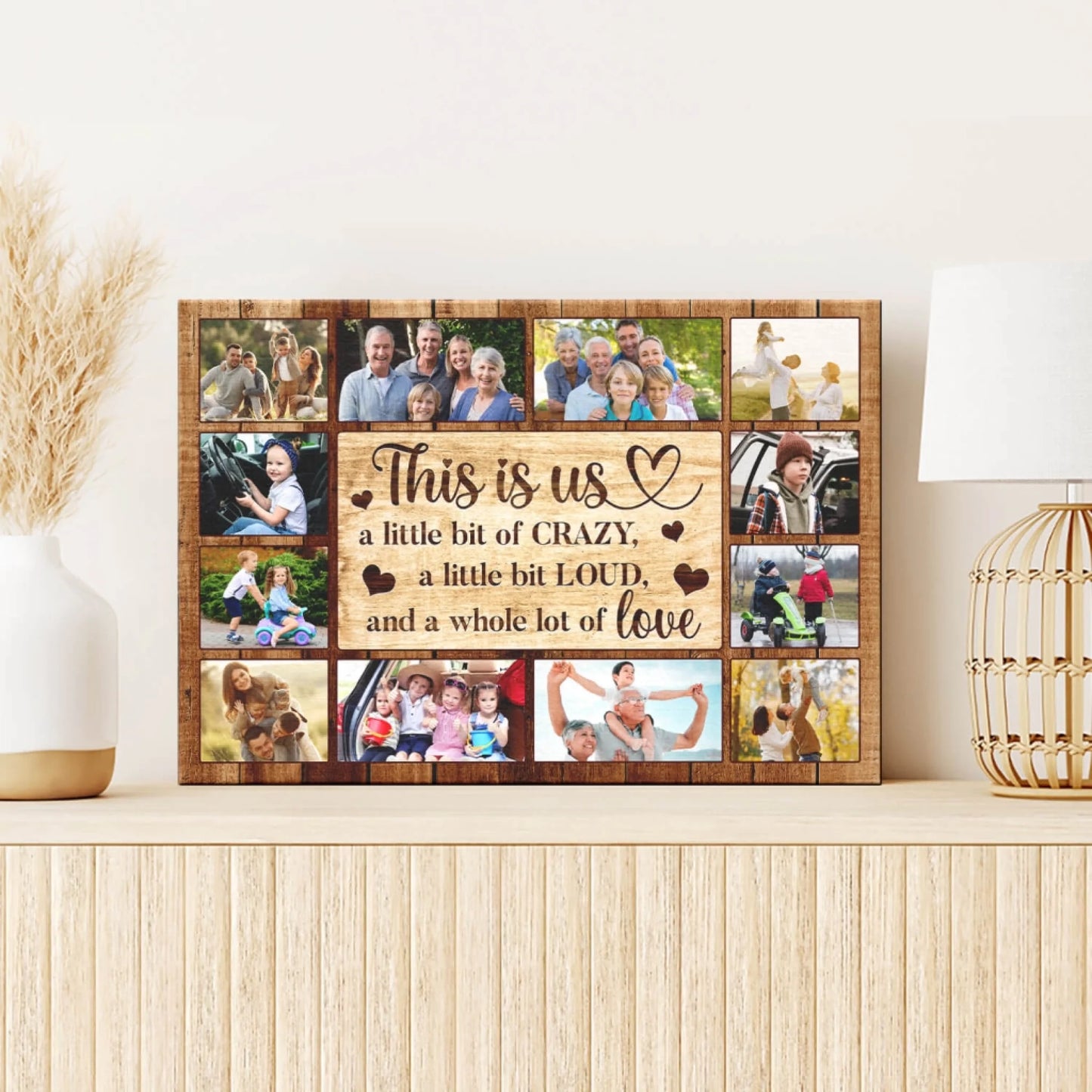 Personalized family photo collage wall art print with family photos and heart accents perfect for home decor and family gifts.