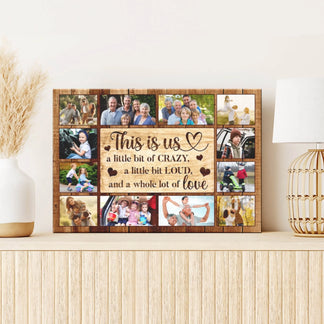Personalized family photo collage wall art print with family photos and heart accents perfect for home decor and family gifts.