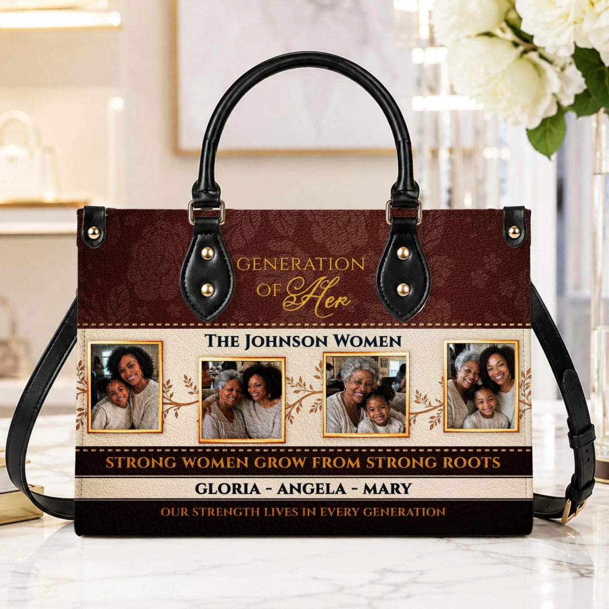 Custom PU leather handbag displaying four family photos, the quote Strong Women Grow From Strong Roots, and names.
