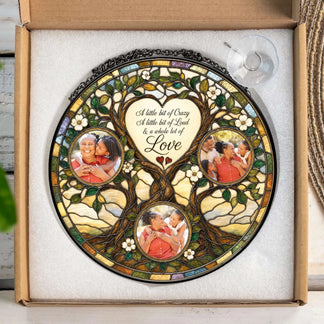 Personalized family tree stained glass suncatcher keepsake gift displayed in packaging with a suction cup hanger