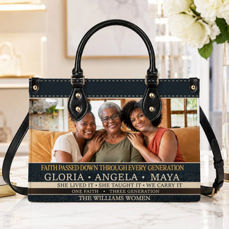 Personalized tote bag featuring a custom three generation family photo and faith quote for a thoughtful family gift.