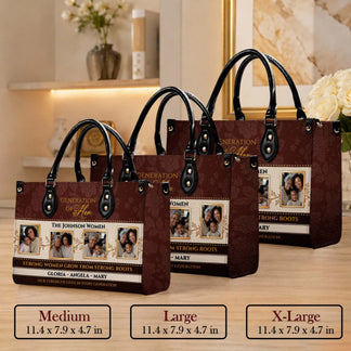 Three personalized family photo tote bags for women displaying Generation of Her theme in medium, large, and extra large.