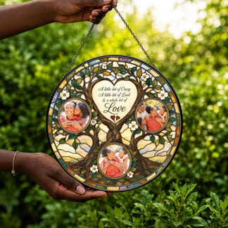 Decorative family tree acrylic suncatcher with three custom photo inserts and a heartfelt love quote for the family.