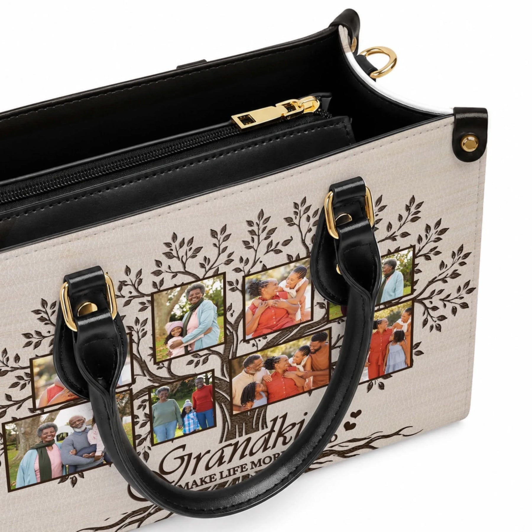 Detailed view of a personalized family photo handbag featuring a tree graphic and custom grandkids photo memories.