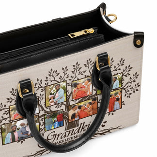 Detailed view of a personalized family photo handbag featuring a tree graphic and custom grandkids photo memories.