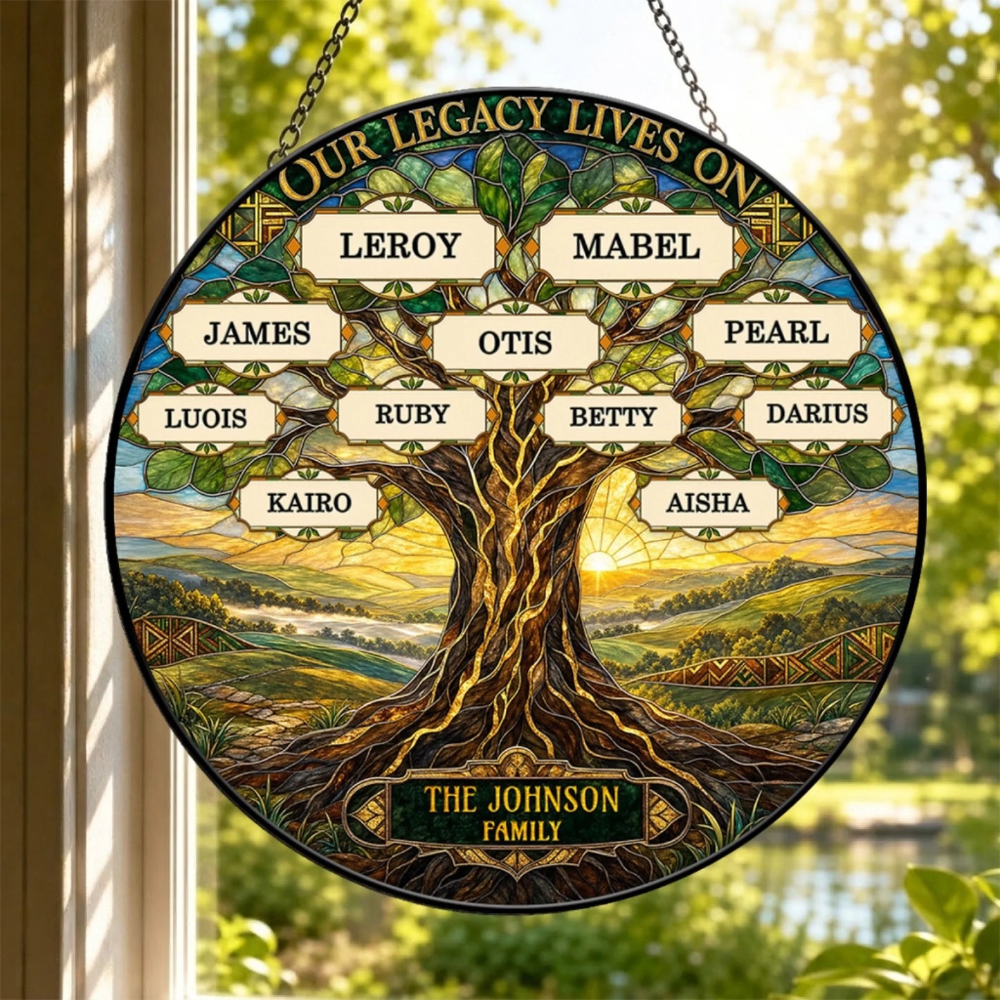Customized round stained glass family tree suncatcher with names and The Johnson Family plaque for home wall decor.
