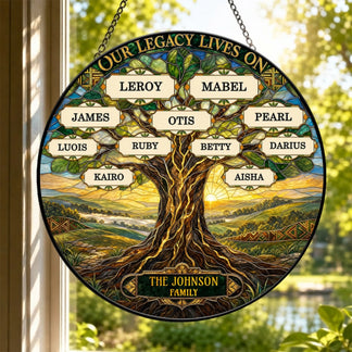 Customized round stained glass family tree suncatcher with names and The Johnson Family plaque for home wall decor.
