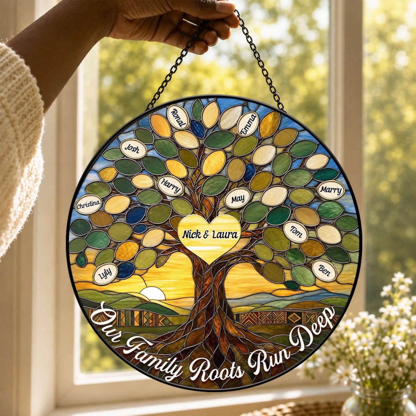 A hand holding a circular stained glass suncatcher with a custom family tree motif, displaying individual family member names on leaves.
