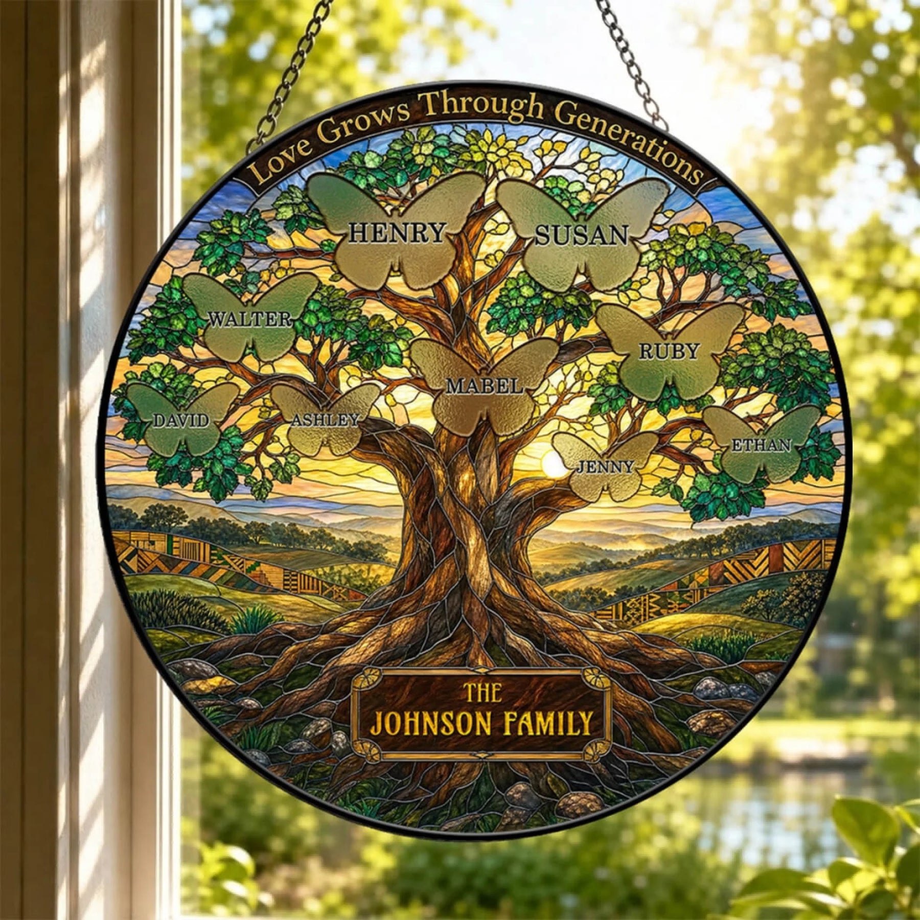 Round stained glass suncatcher personalized with a family name and tree design featuring butterfly engravings, perfect for home decor.