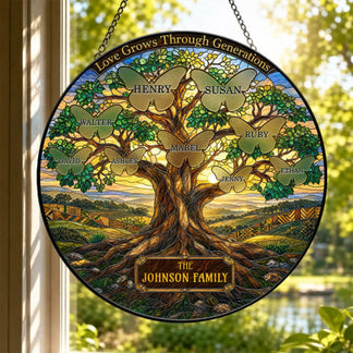 Round stained glass suncatcher personalized with a family name and tree design featuring butterfly engravings, perfect for home decor.