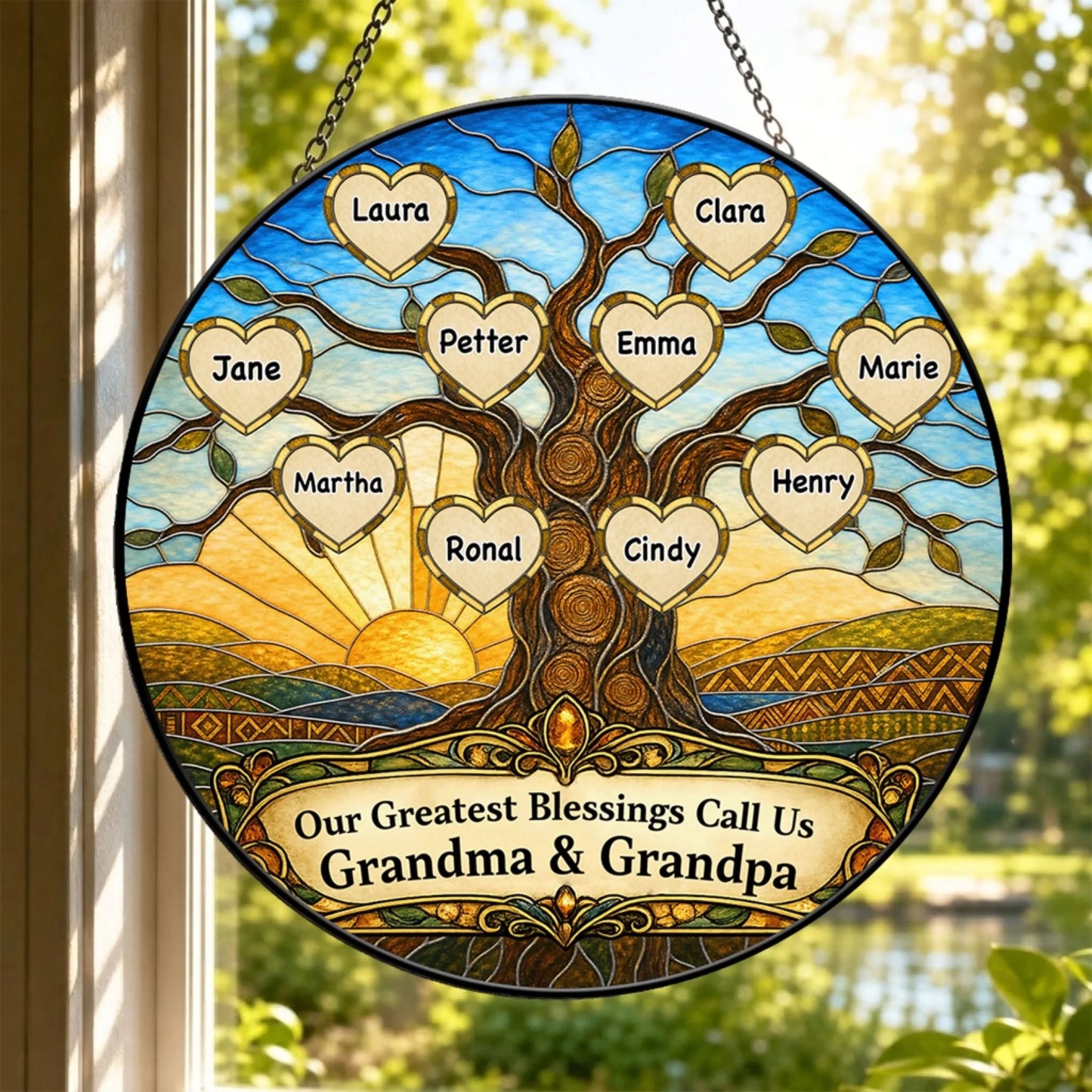 Beautiful stained glass suncatcher featuring a family tree design with custom names for grandma and grandpa decor.