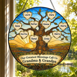 Beautiful stained glass suncatcher featuring a family tree design with custom names for grandma and grandpa decor.