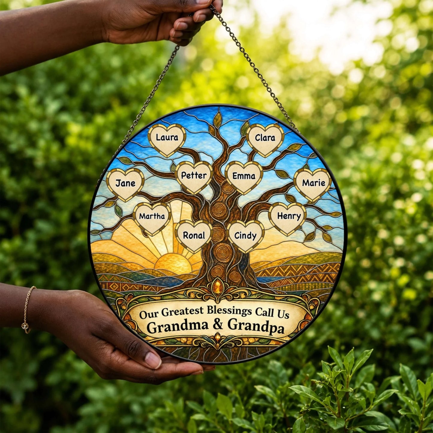 Decorative stained glass suncatcher with tree design and space for grandchildren names perfect for grandparent gifts.