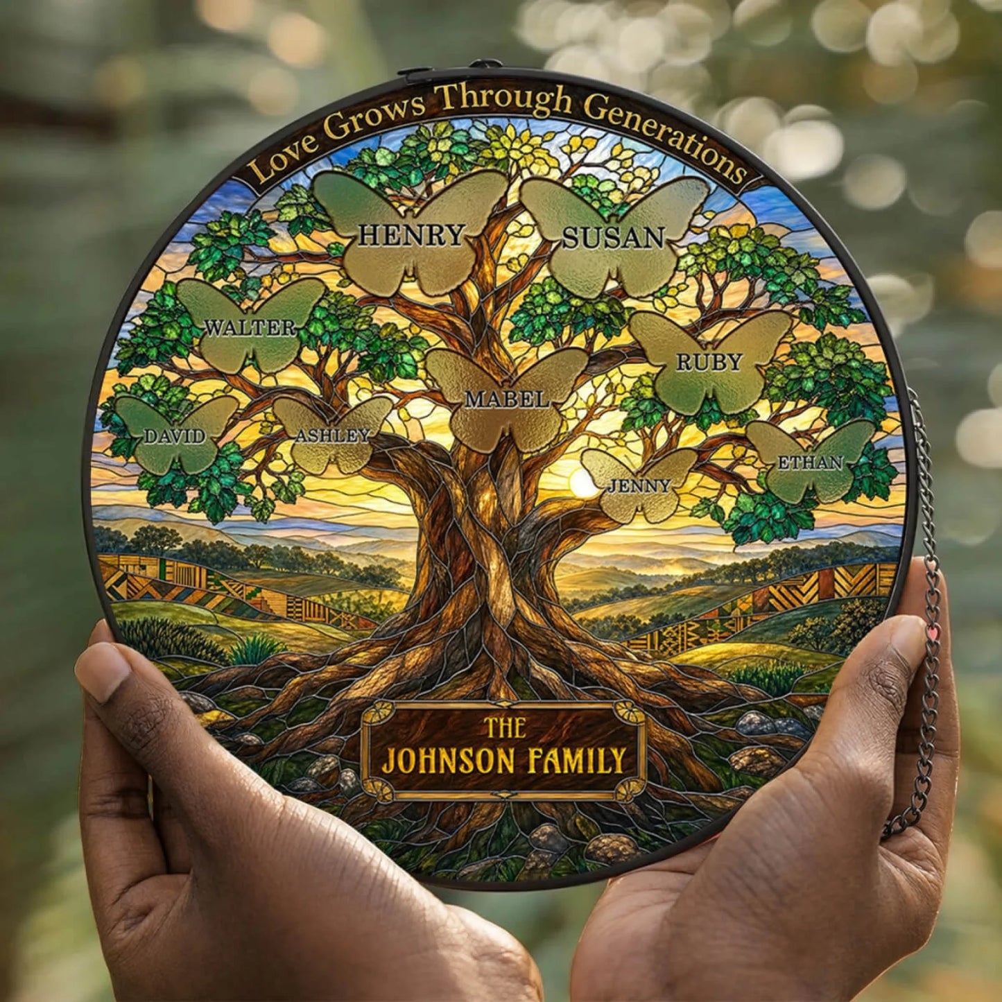 Custom family tree acrylic suncatcher with butterfly name tags, a thoughtful personalized memorial gift for the family.