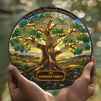 Custom family tree acrylic suncatcher with butterfly name tags, a thoughtful personalized memorial gift for the family.