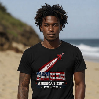 Personalized 1776-2026 America's 250th anniversary t-shirt for father with a custom red jet and sky trail design.