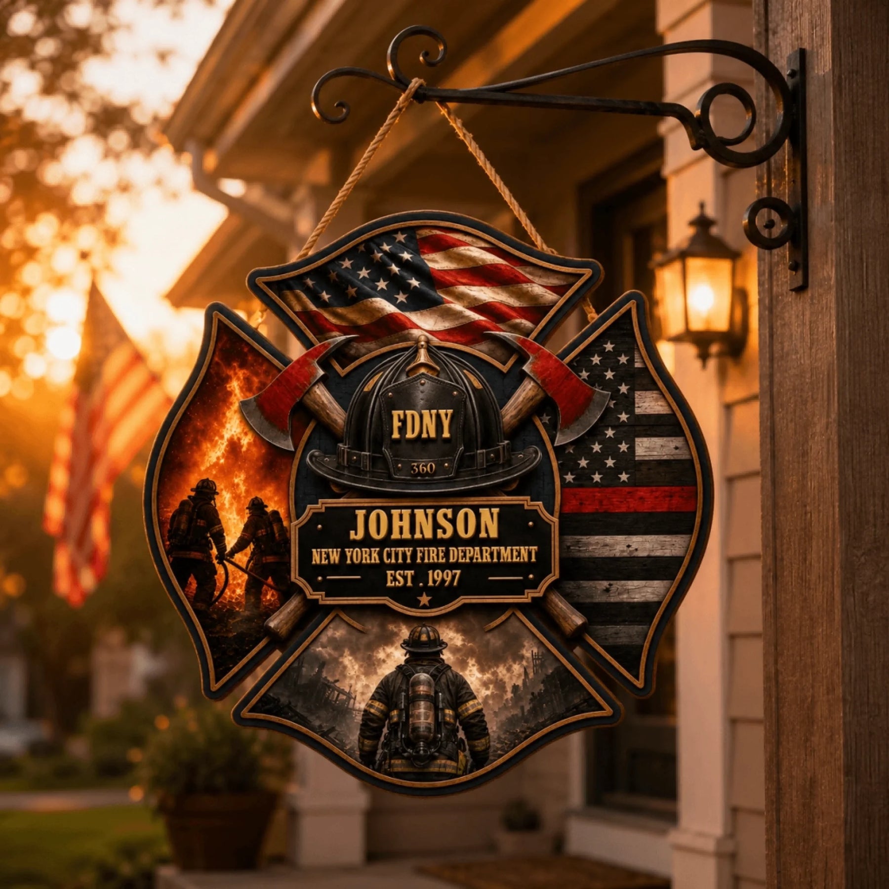 Custom firefighter wooden sign with name and established date hanging on a porch, perfect as a tribute gift for firemen.