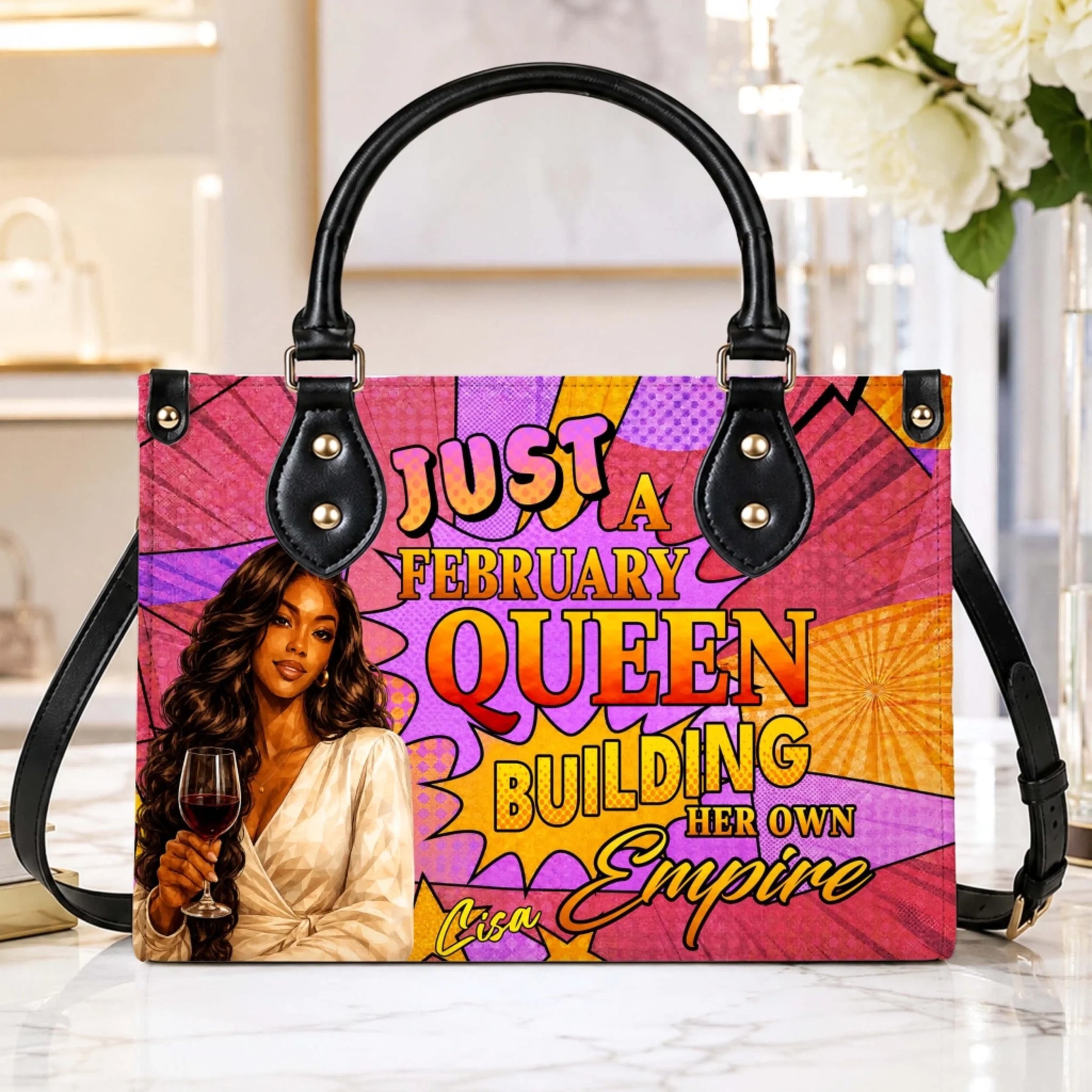 Custom February Queen handbag for women featuring a personalized name on a trendy, colorful comic-themed background.