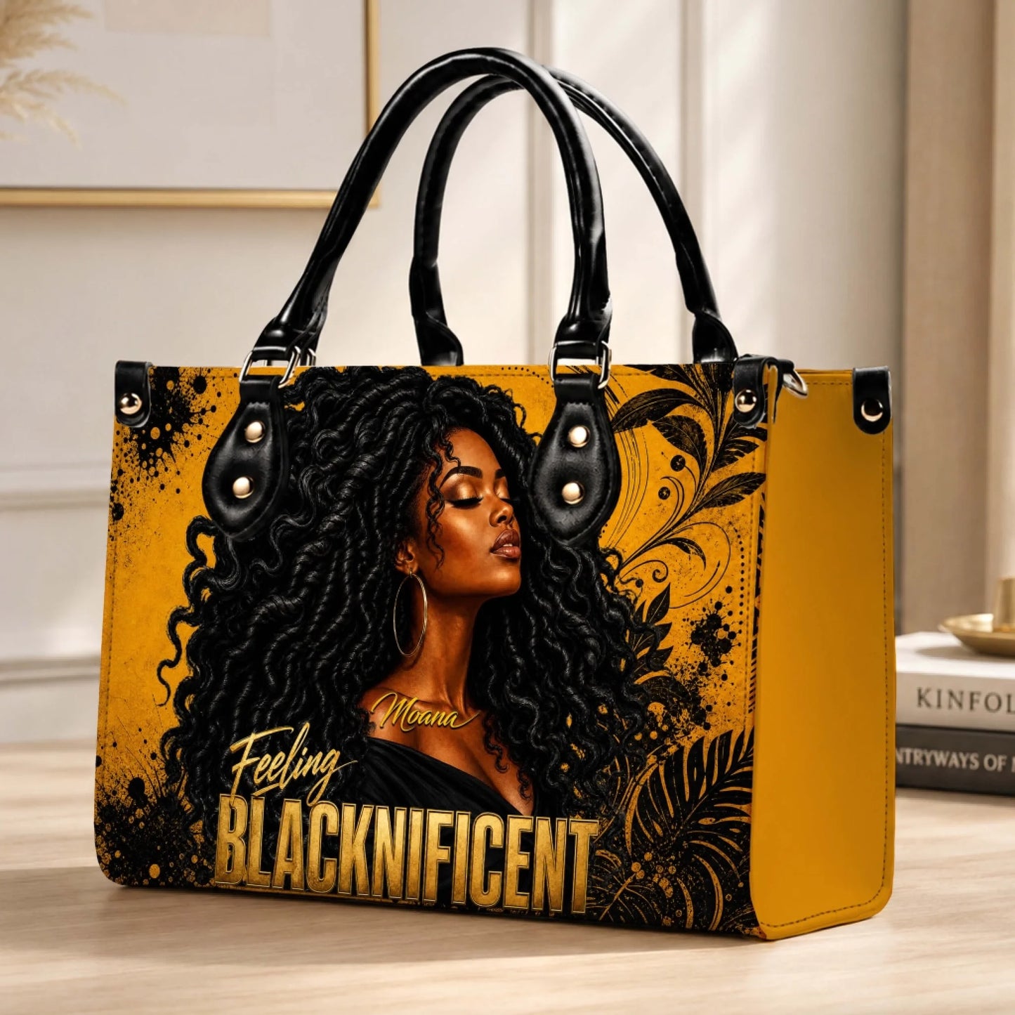 Modern custom tote bag with elegant African American woman art and gold lettering displayed on a wooden surface.