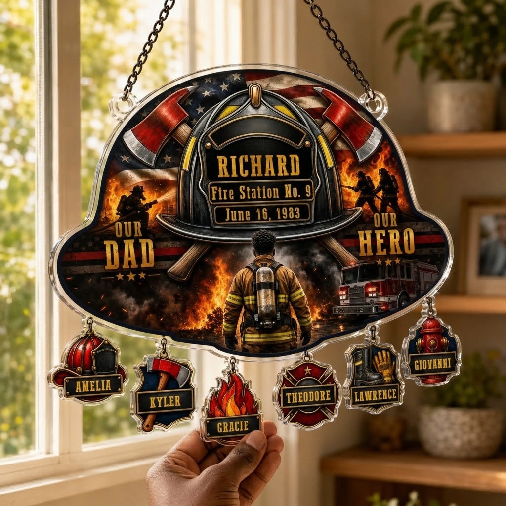 Personalized firefighter suncatcher hanging in a window with family names displayed on individual custom charms.