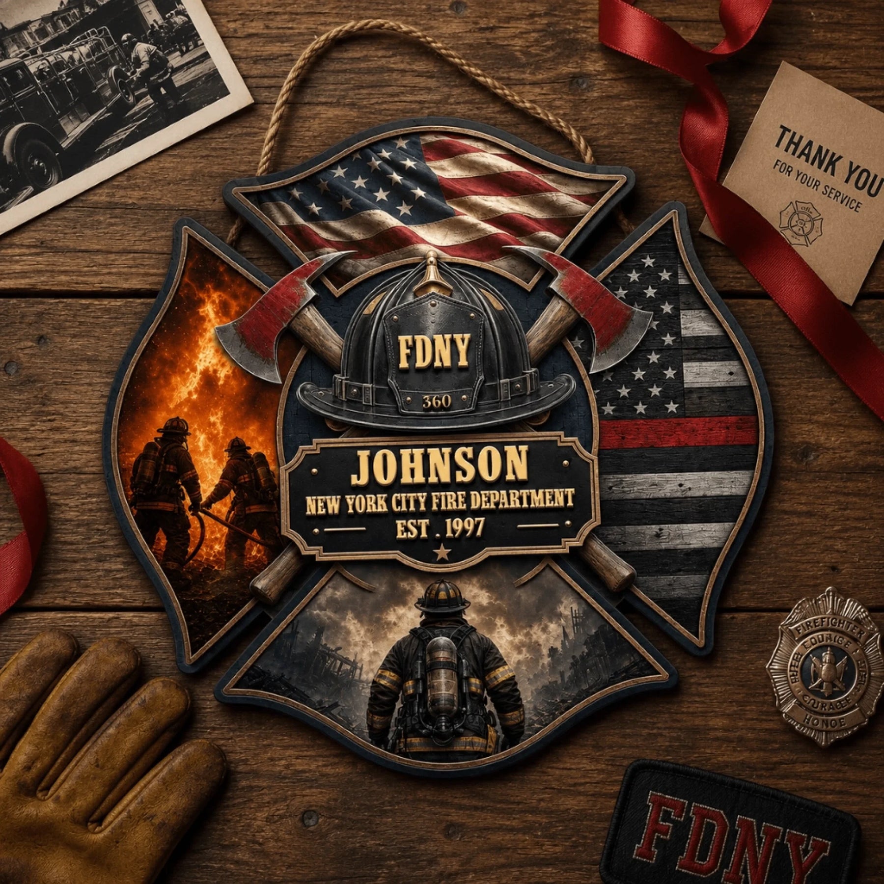 Personalized FDNY firefighter wooden sign with custom name, shown with leather gloves and thank you card for fire station gift.
