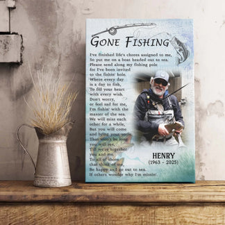Personalized memorial wall decor for fisherman featuring a fishing theme custom photo name and memorial dates