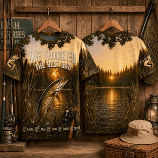 Set of front and back fishing t shirts with custom names, featuring a nature lake design for a dad who loves outdoor fishing.